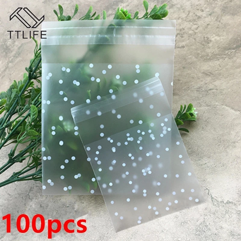 100pcs Plastic Transparent Cellophane Bags Polka Dot Candy Cookie Gift Bag with DIY Self Adhesive Pouch Celofan Bags for Party