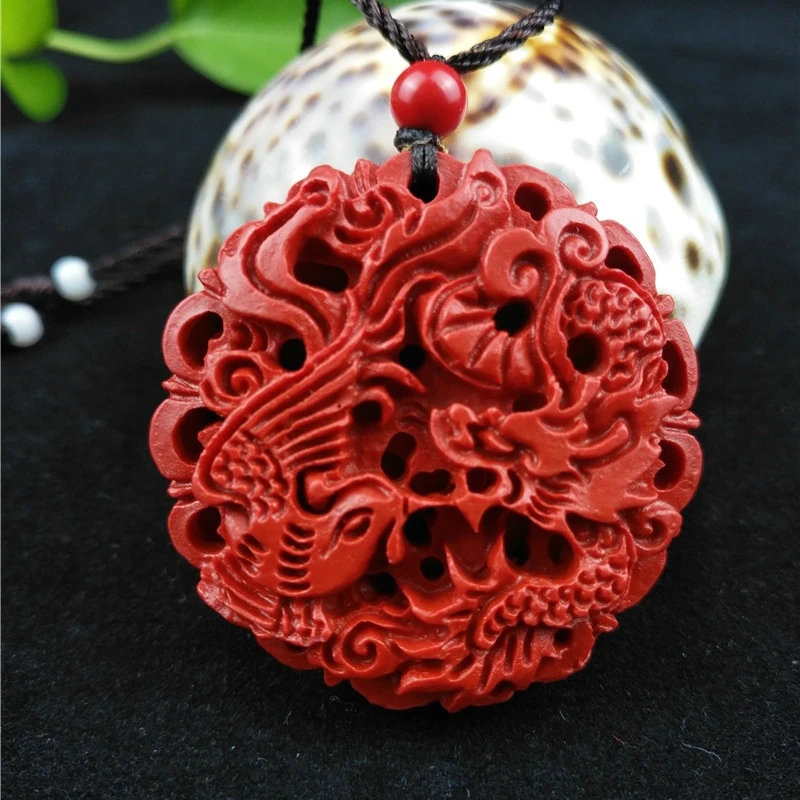 Chinese Natural Red Organic Cinnabar Dragon Phoenix Pendant Necklace Fashion Charm Jewellery Lucky Amulet Gifts for Women