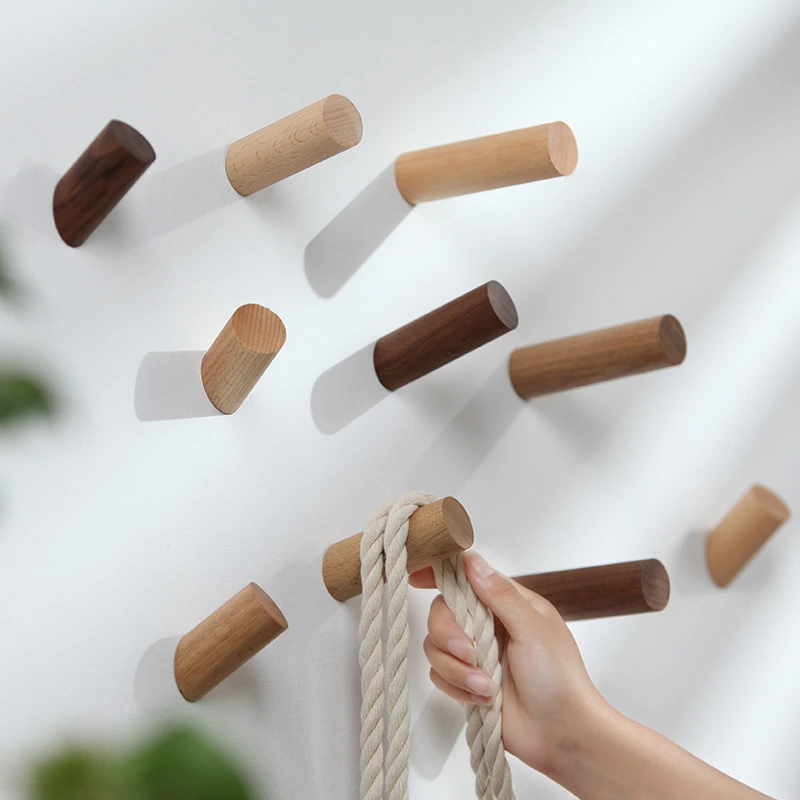 Natural Wood Clothes Hanger Wall Mounted Coat Hook Decorative Key Holder Hat Scarf Handbag Storage Hanger Bathroom Rack