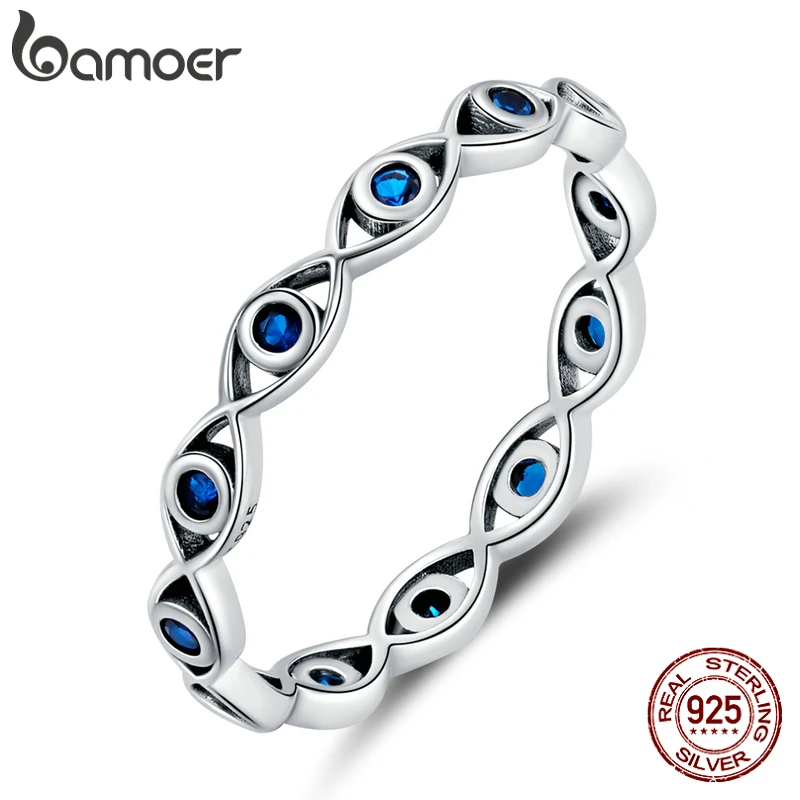 bamoer 925 Sterling Silver Lucky Eye Ring Blue Crystal Crown Ring Heart Spades Black Gem Ring for Women Wedding Jewelry Anillo