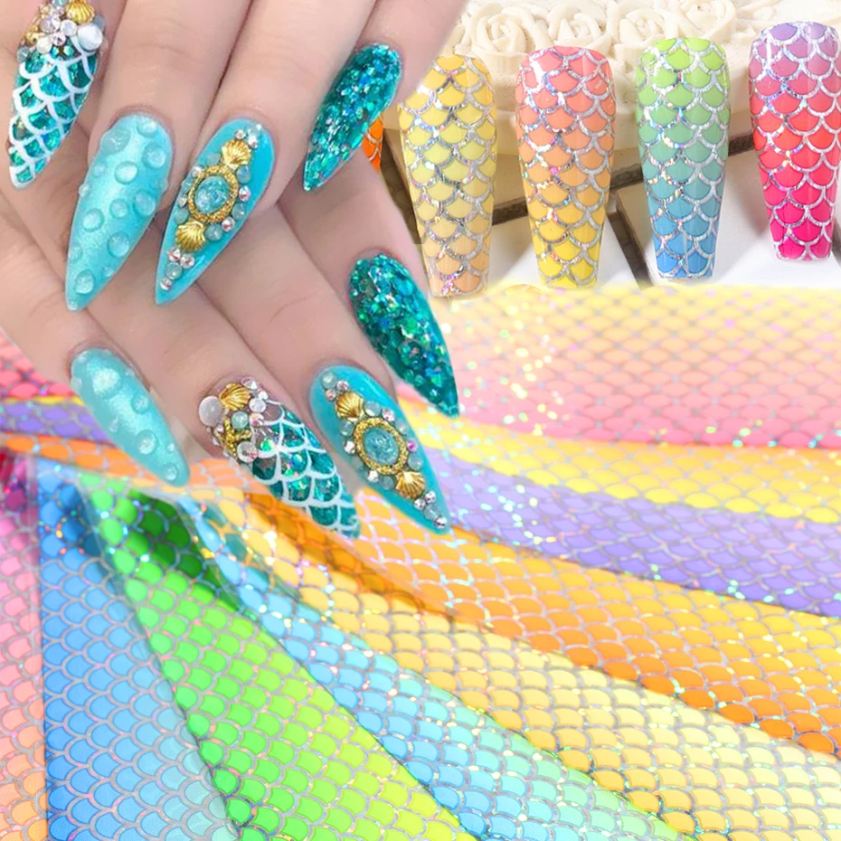 10pcs Laser Fish Scales Nail Foil Holographic Gradient Mermaid Transfer Sticker Wave Decal Starry Paper Nail Decoration SA9114