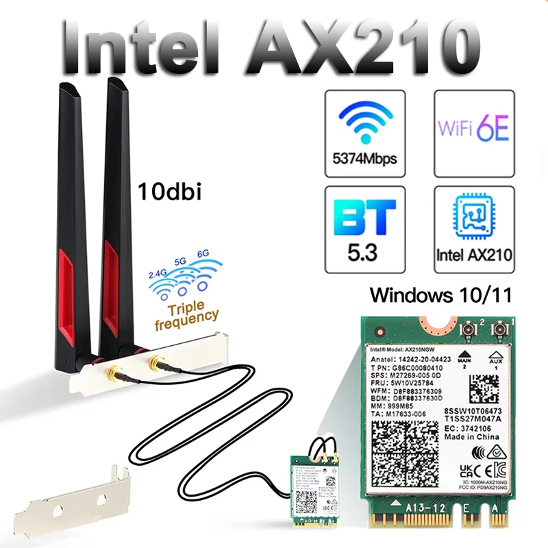 Wi-Fi 6E Intel AX210 Card 5374Mbps Bluetooth 5.2 Desktop Kit 10DBi Antenna 802.11ax 2.4G/5Ghz/6Ghz AX210NGW Than Wifi 6 AX200