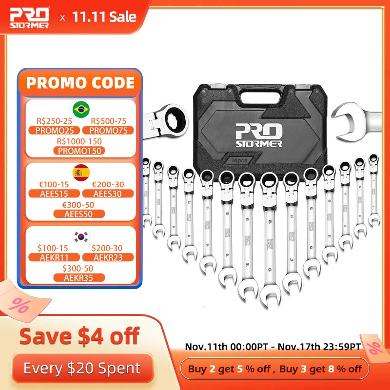 PROSTORMER 14pcs Keys Set Multitool Wrench Ratchet Spanners Set Hand Tool Wrench Set Universal Wrench Tool Car Repair Tools