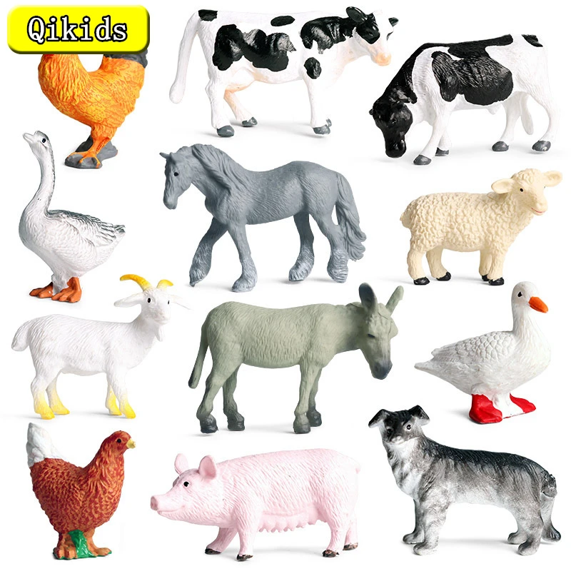 New 12pcs/lot Mini Farm Poultry Animals Action Figures Simulation Model Pig Duck Hen Goose Horse Cow Dog Goat Bear Role Play Toy