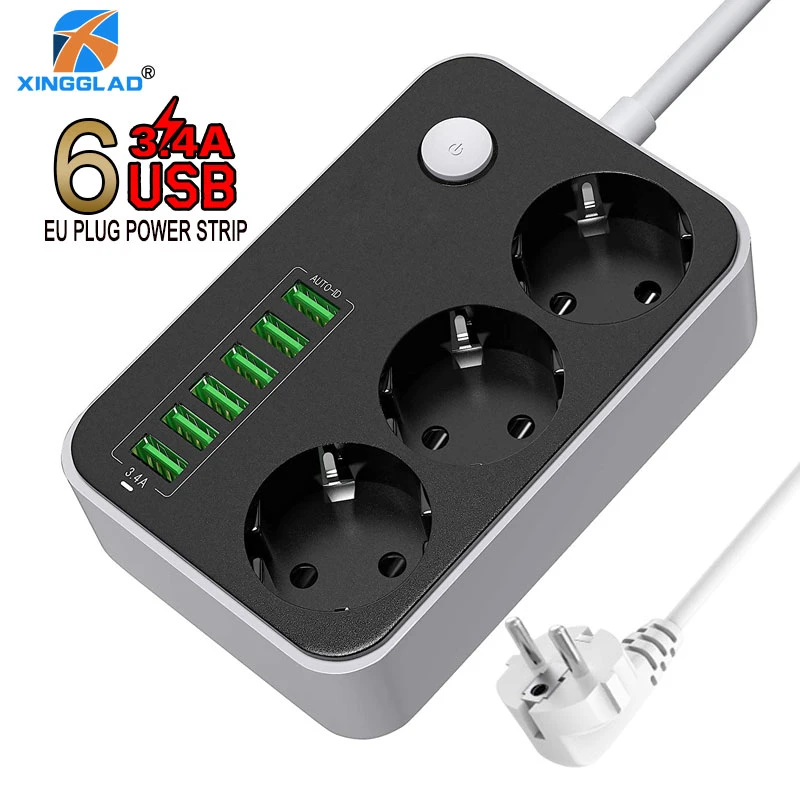 Extension Socket Eu Plug USB  Multi Electronic Power Strip Universal Outlet Power Switch 1.6m 2m Cord Network Filter for Phones