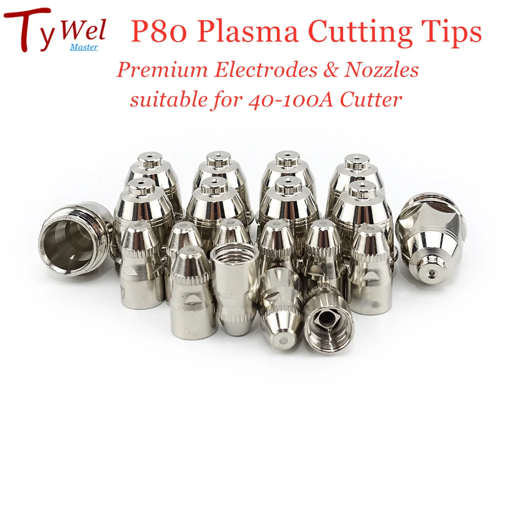 20pcs Premium P80 Plasma Cutting Torch Consumable Cutting 60A 80A 100A P80 CNC Plasma Torch Tip Electrode Nozzle