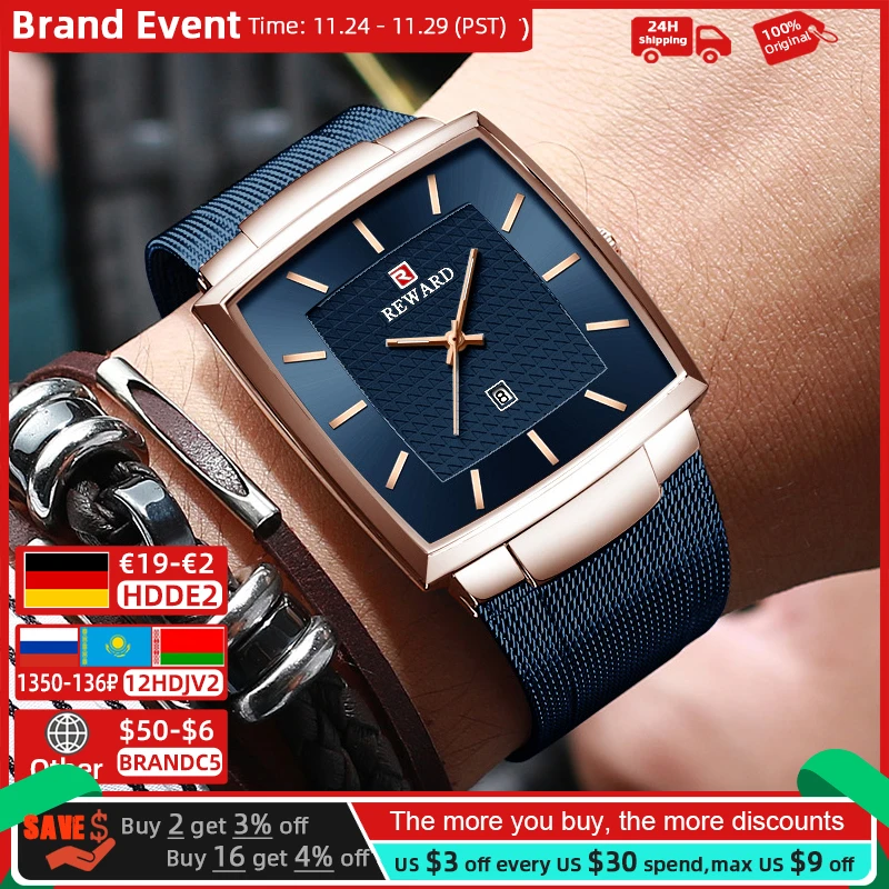 REWARD Fashion Blue Men's Watches 2021 New Top Luxury Brand Watch Men Business Waterproof Stainless Steel Quartz Wristwatch