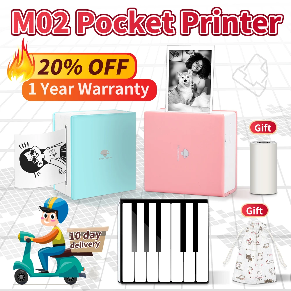 Phomemo M02 Thermal Printer Portátil Impresora Pocket Mini Label Sticker Maker Wireless Mobile Phone Print Christmas Gifts