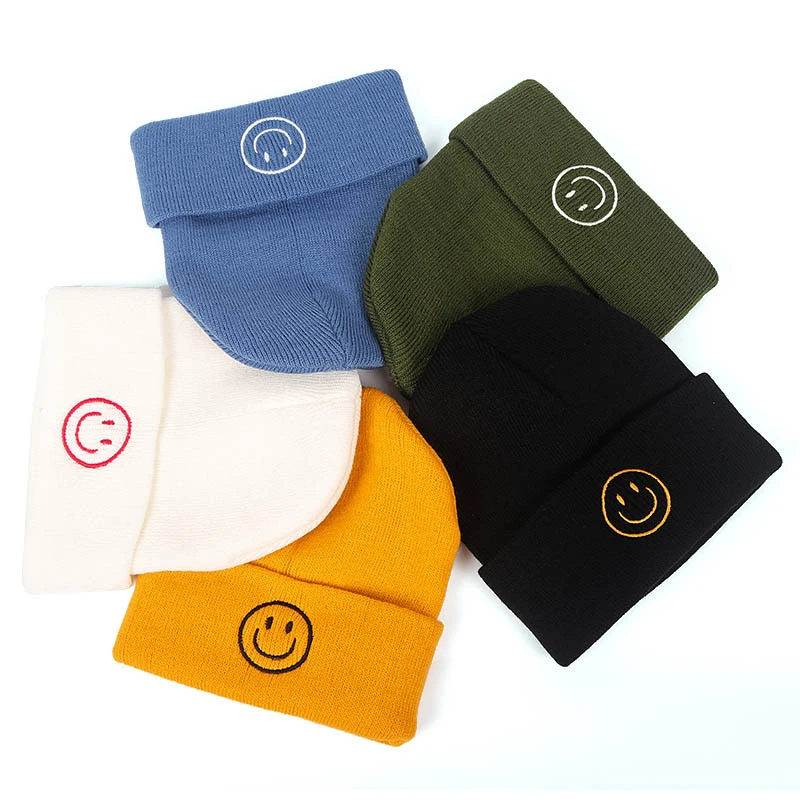 New Candy Colors Women Beanies Hat Autumn Winter Fashion Warm Caps British Style Smiley Head Knitted Cap for Girls Outdoors Hats