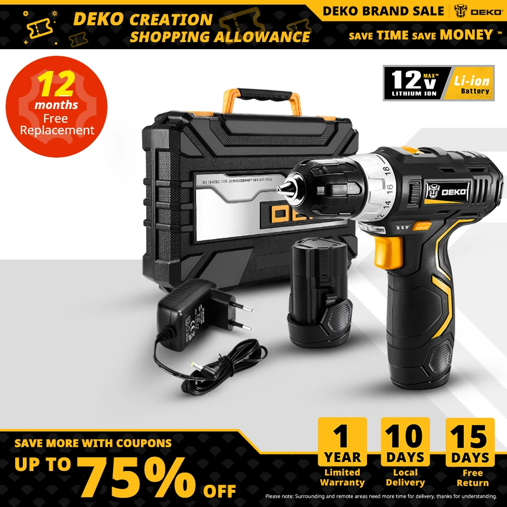 DEKO GCD12DU3 12V Max Electric Screwdriver Cordless Drill Mini Wireless Power Driver DC Lithium-Ion Battery 3/8-Inch 2-Speed