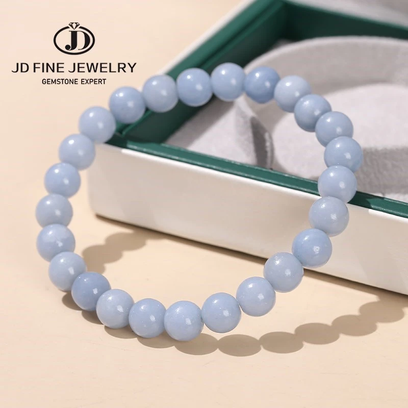 JD Natural Stone Blue Angelite Angel Bracelet Single Elastic Romantic Crystal Yoga Blue Bracelet Woman Jewelry 6,8,10mm Beads