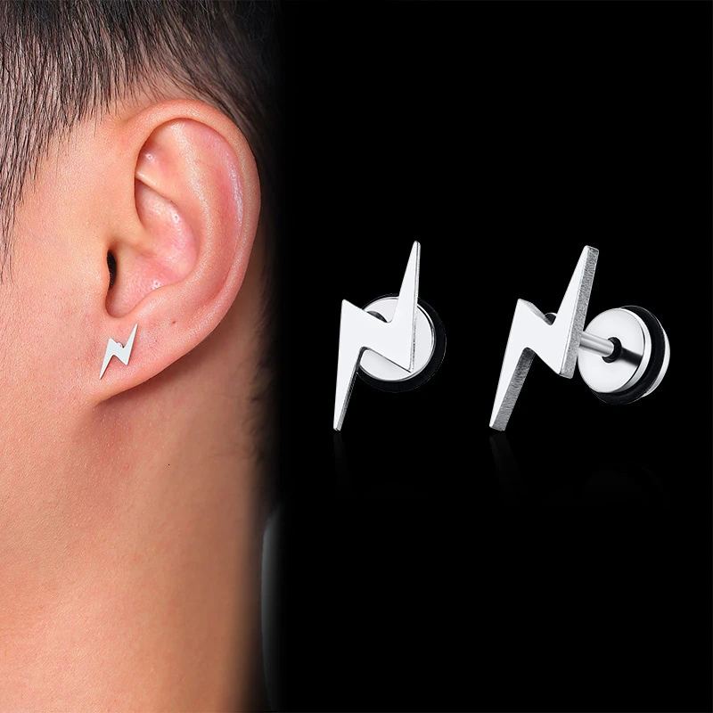 Vnox Mens Cool Lightning Shaped Stud Earrings and Black Tone Stainless Steel Accessory