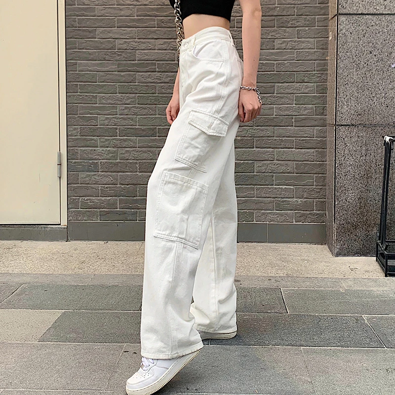 2021 Vintage Women Fashion White Blue High Waist Casual Jeans Loose Omighty Wide Leg Pocket Cargo Pants Solid Overalls Trouser