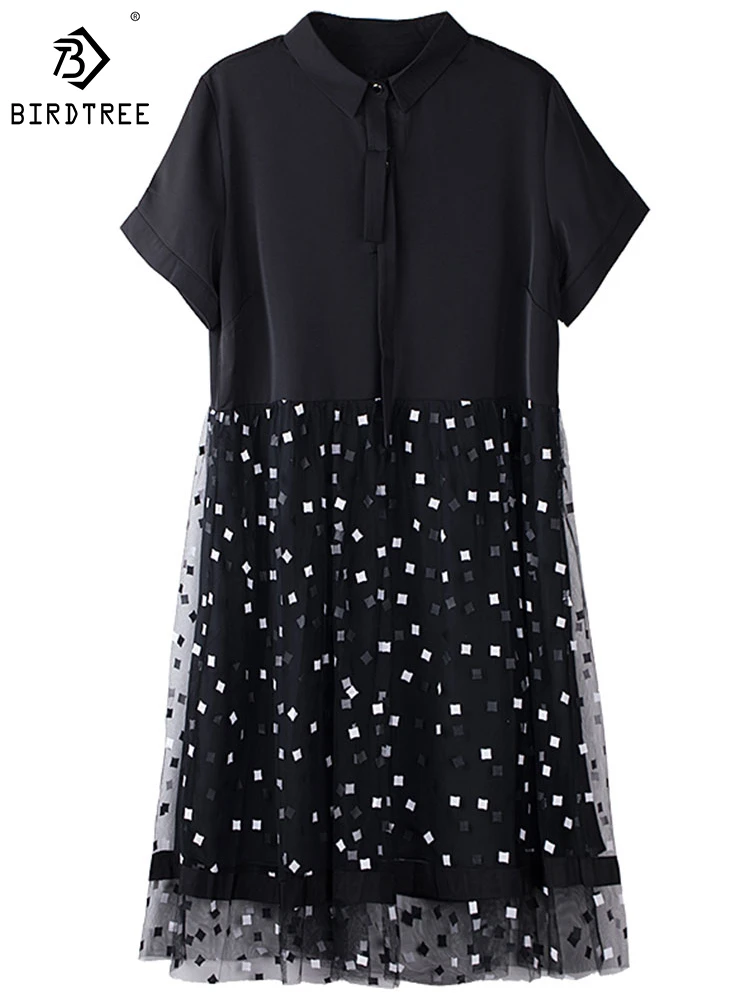 Plus Size A-Line Patchwork Women Dress Spring Summer Short Sleeve Printing Ladies Loose Midi Shirt Dress D0D325N