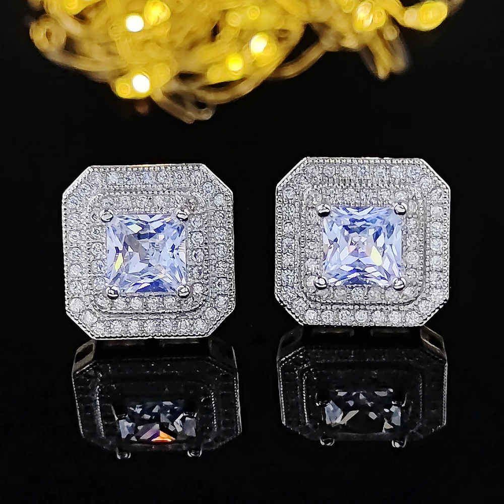 Real Sterling Silver princess cut zirconia stud Earrings for women Wedding brincos Boucle D'oreille Femme Bijoux Jewelry e668