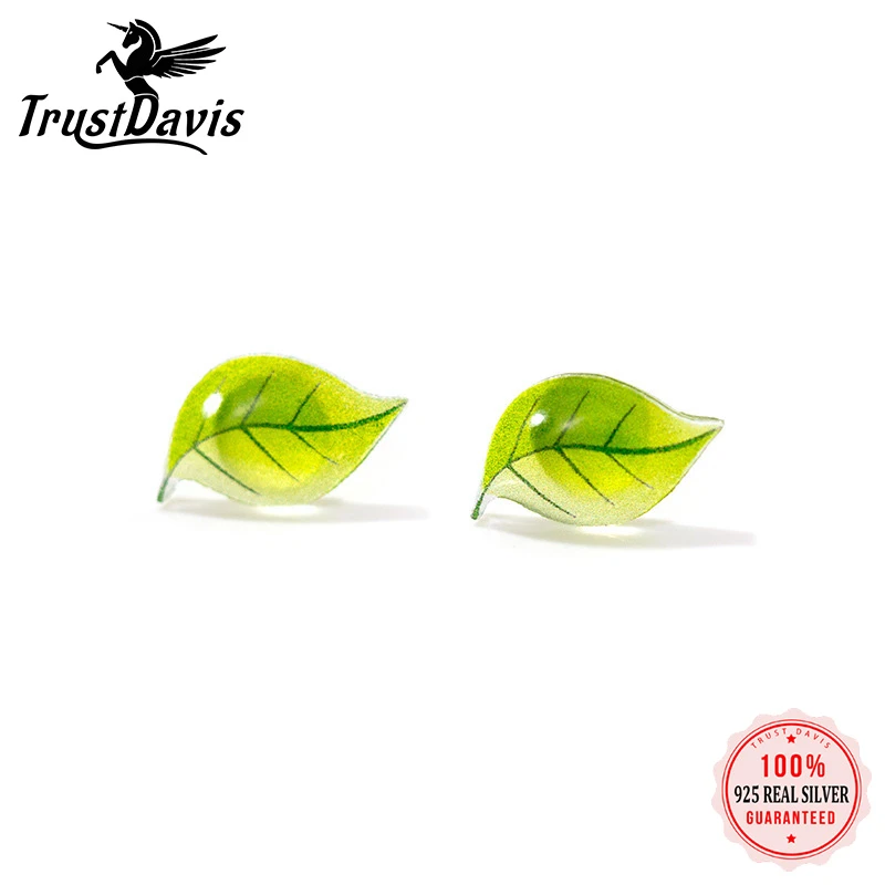 PrinSis 100% 925 Sterling Silver Sweet Green Leaves Leaf Stud Earring For Women Girl Friend Kid Silver 925 Jewelry ED438