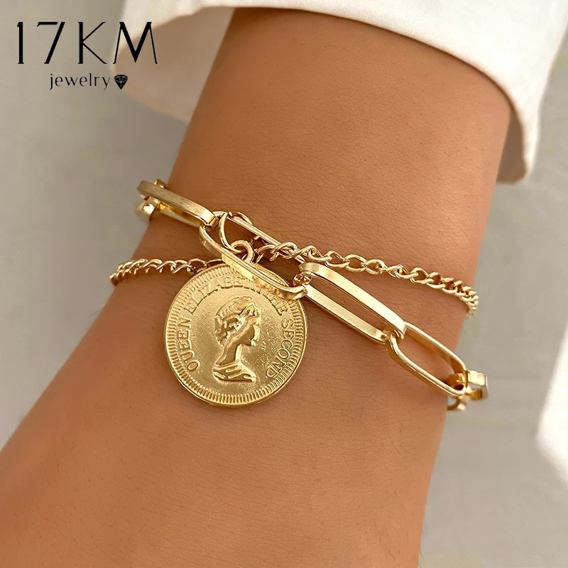 17KM Punk Gold Multilayer Chain Bracelet Retro Vintage Silver Color Heart Cross Coin Pendant Chain Bracelets Gifts Jewelry