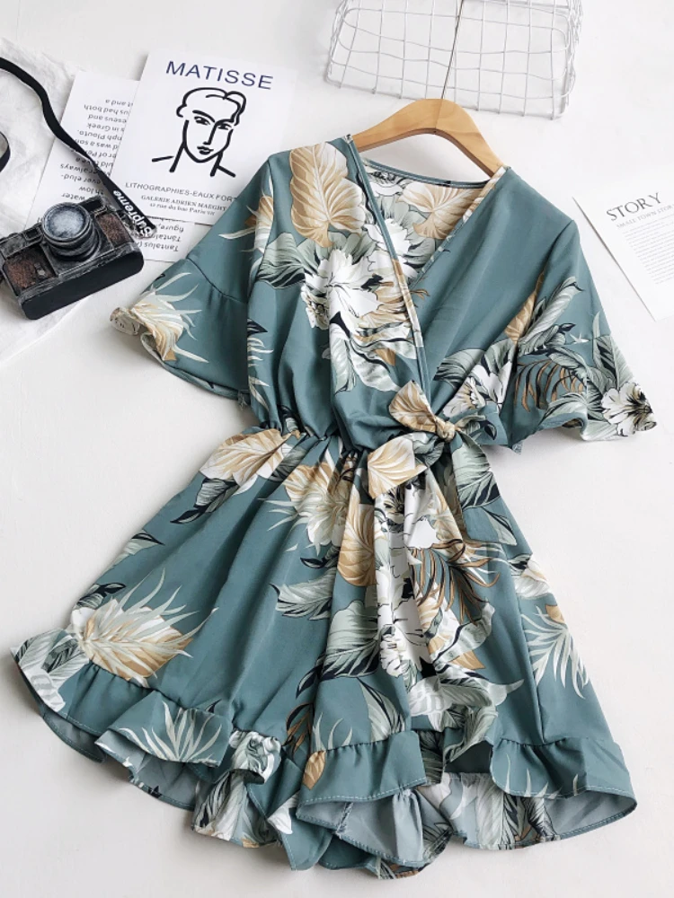 FMFSSOM Summer Spring Vintage V-neck Floral Printed Flare Sleeve Ruffles Women Female A-line High Waist Loose Playsuits