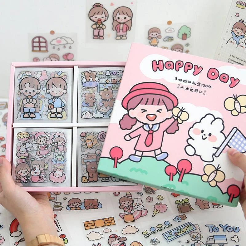 Kawaii Stickers Girl Pink Cartoon Pattern PET  Photo Album DIY Diary Sticker Scrapbook Decoration Stationery Stickers