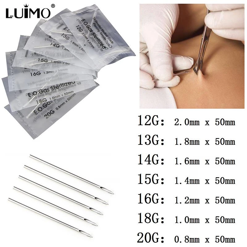 10/20PCS Disposable Mixed Sterile Body Piercing Needles Ear Nose Piercing Needles Navel Nipple 12/14/16/18/20G