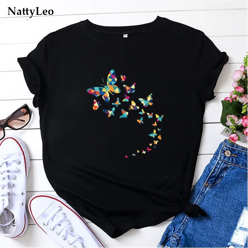 Oversized T Shirt Butterflies Print Tshirt O Neck Short Sleeve Graphic Tees 100%Cotton T-shirt Summer Women Black Tops Clothes