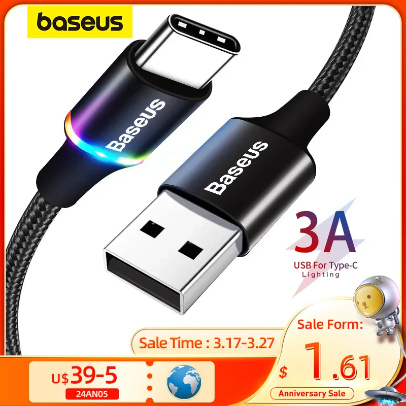 Baseus USB Type C Cable For Samsung S20 S21 Xiaomi POCO Fast Charging Wire Cord USB-C Charger Mobile Phone USBC Type-C Cable 3m