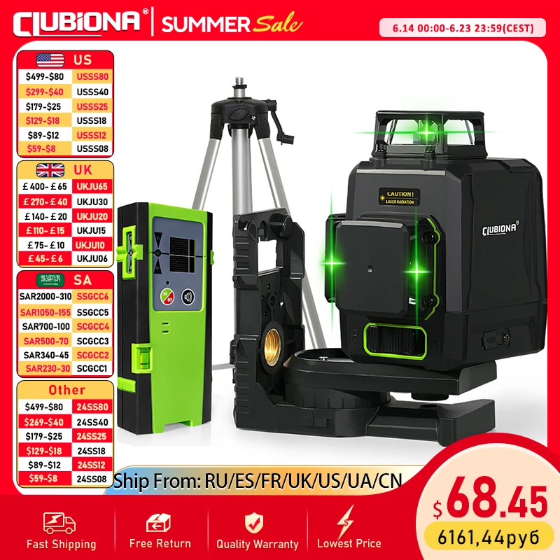 Clubiona CE Certificated 3D New ABS and PC shell Shockproof Lines Laser Level with 5200 mah BATTERY Work Separately Laser Lines
