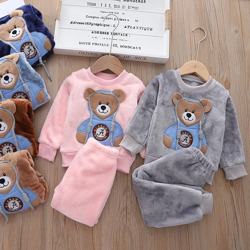 2020 New winter Baby Boy Girl Thicken Pajamas Set Flannel Fleece Toddler Child Warm Catoon Sleepwear Kids Home Suit 0-6Y