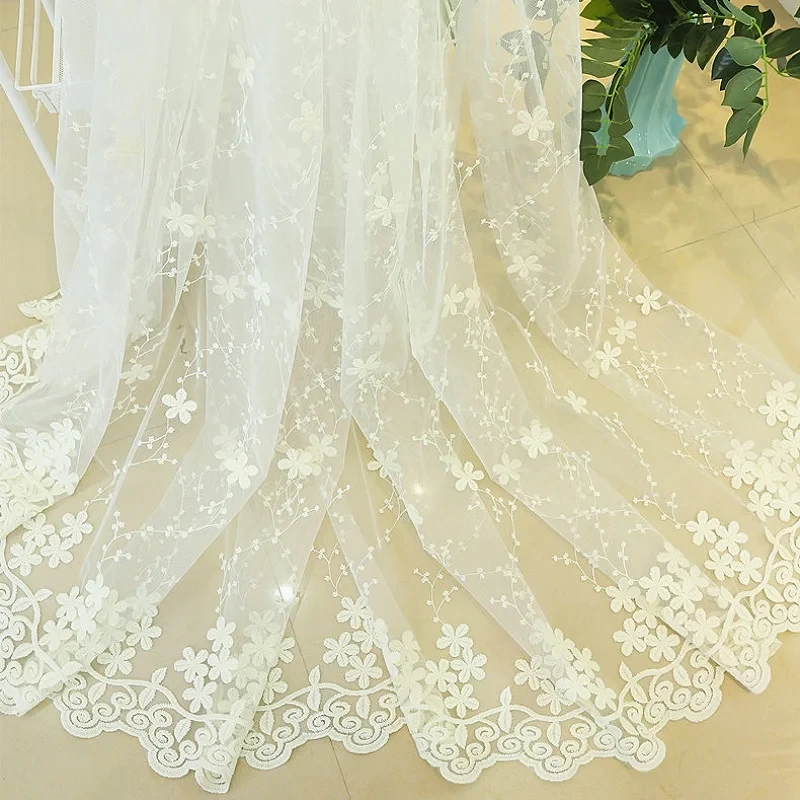 Embroidered Lace Curtains for Bedroom Sheer Elegant Organza Floral Delicate French Window Treatment Tenda wp058C