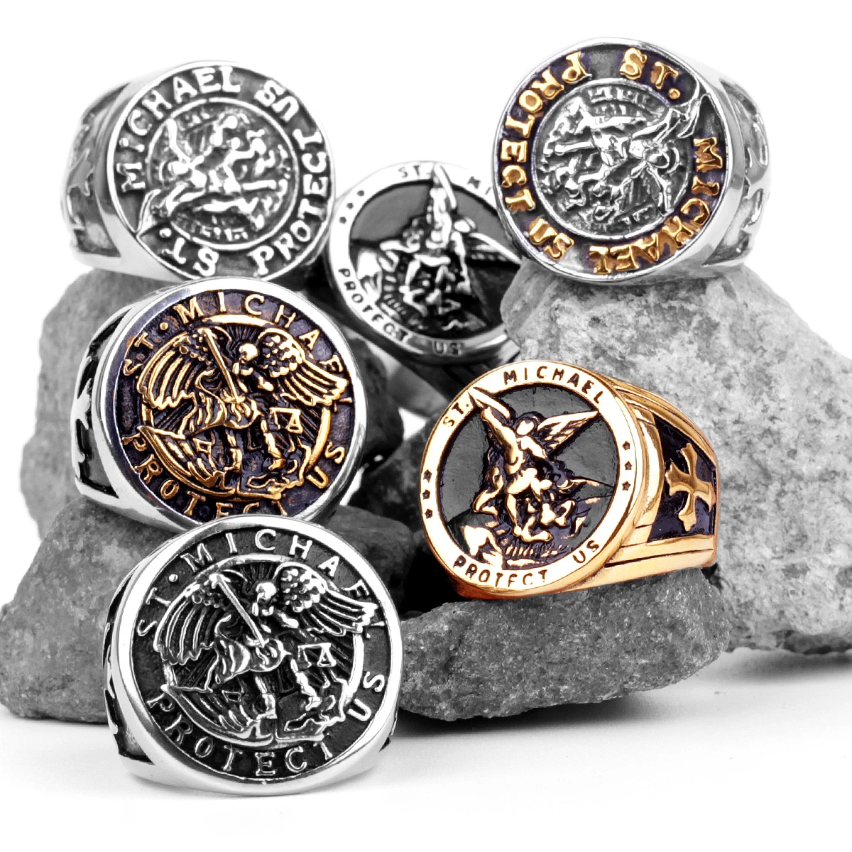 316L Stainless Steel St-Michael Men Rings Good Lucky Talisman Religious Personality Biker Ring for Men Boy Fashion Jewelry Gift