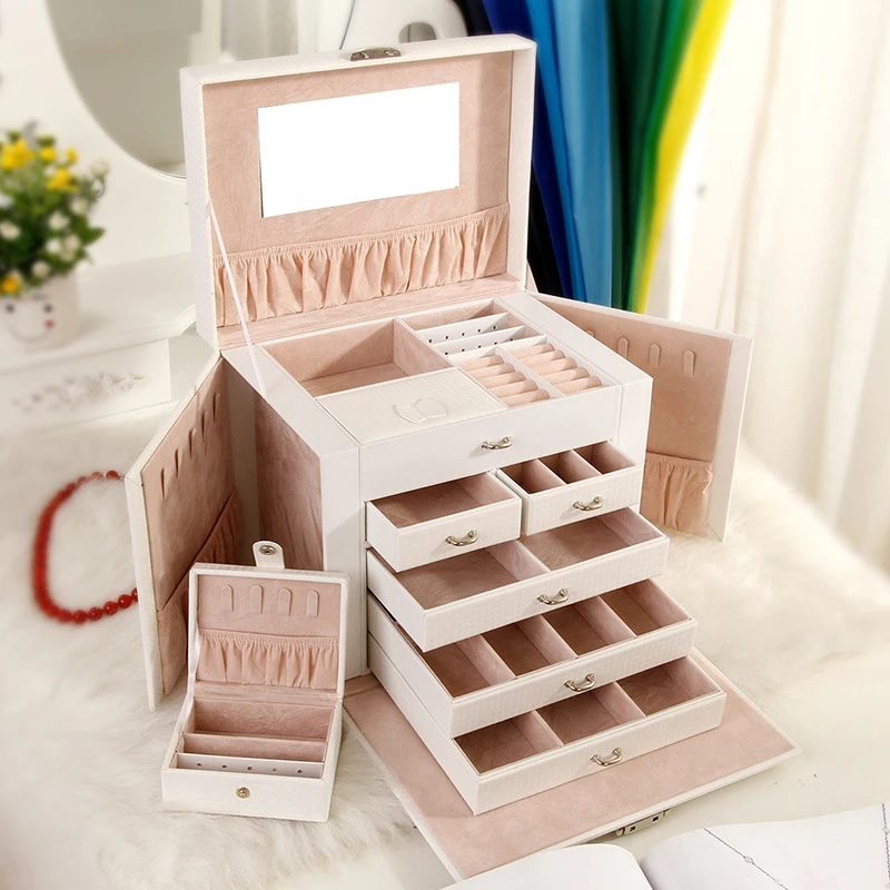 COSTWAY Portable Jewelry Box Organizer Ring Stud Earrings Jewelry Storage Box With Mirror Faux Leather Box W0227