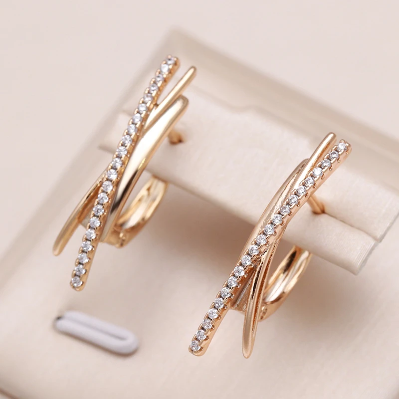 Kinel New Minimalist Style 585 Rose Gold Drop Earrings Geometric lines Cross Natural Zircon Earrings for Women Fashion Jewelry