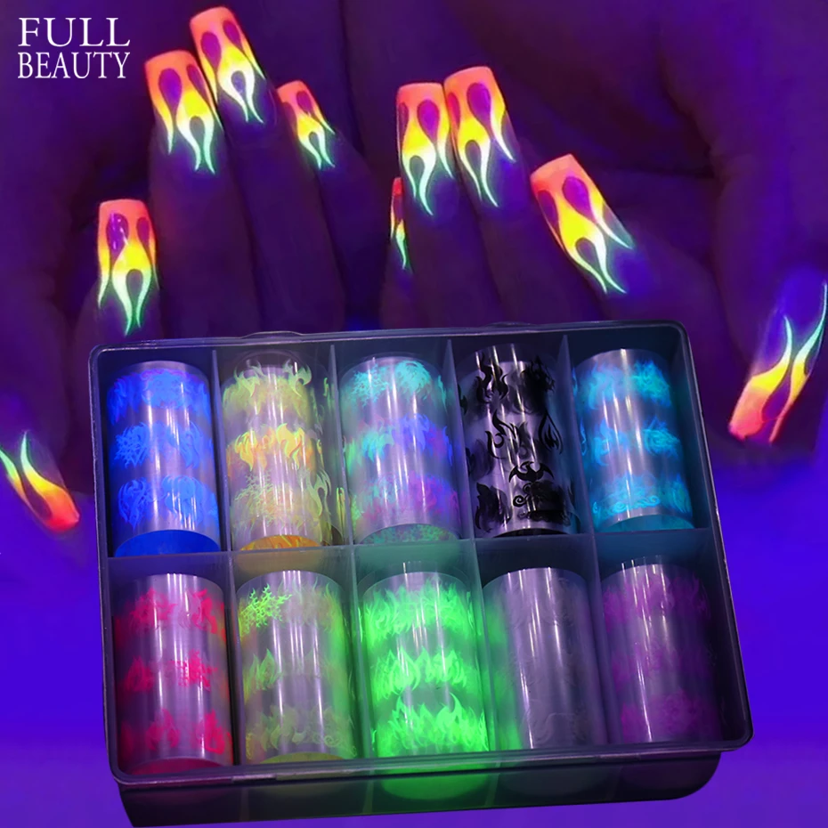 10 Roll/Box Luminous Fire Flame Nail Foil Set Nail Art Transfer Sticker Decal Yellow Blue Slider Starry Papers Decoration CHB121