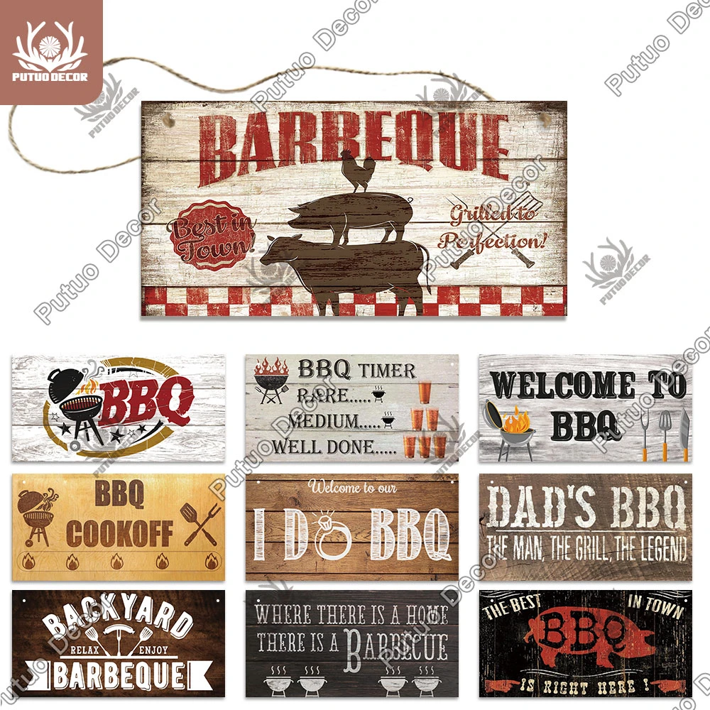 Putuo Decor BBQ Sign Wooden Signs Barbecue Wood Plaque for Gift Home Kitchen Backyard Wall Decoration Grill Decorative Plates