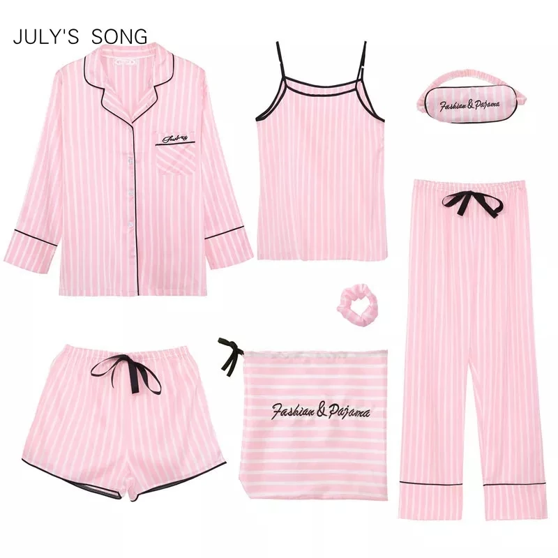 JULY'S SONG Pink 7 Pieces Women's Pajamas Sets Faux Silk Striped Pyjama Women's Pajamas Sleepwear Sets Spring Summer Homewear