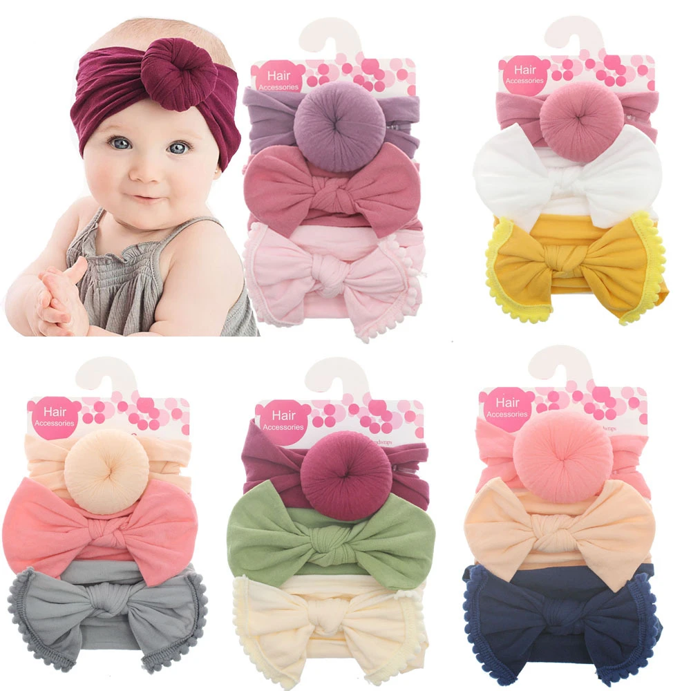 New 3pcs/lot Fashion Baby Nylon Bow Headband Newborn Bowknot Round Ball Headwrap Flower Turban Girls Kids Hair Bands Gift Sets