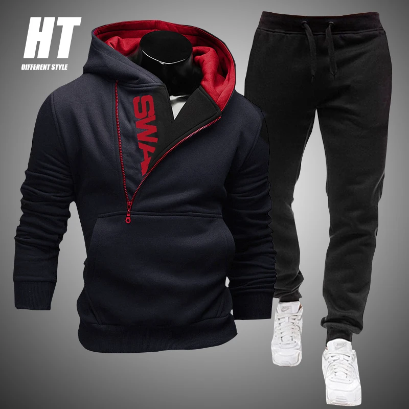 Men Tracksuit Casual 2 Pieces Sets Zipper Sweatshirt Hooded+Sweatpants Print Sportswear Mens Clothes Solid Jogger Sport Suit 4XL