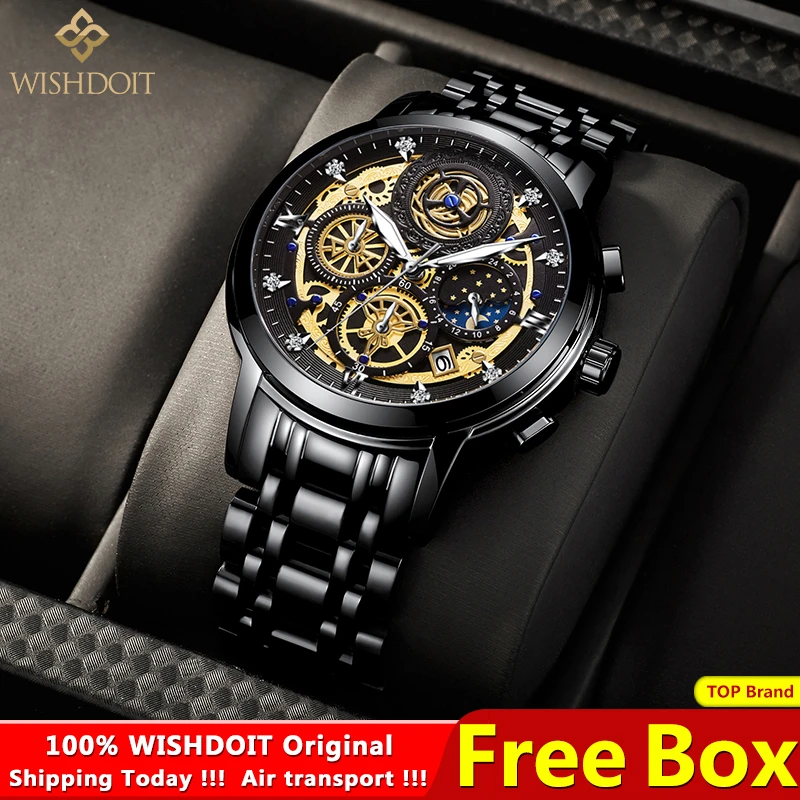 WISHDOIT Men Watch Top Luxury Brand Big Dial Sport Watches Mens Chronograph Quartz Wristwatch Date Male Clock Relogio Masculino