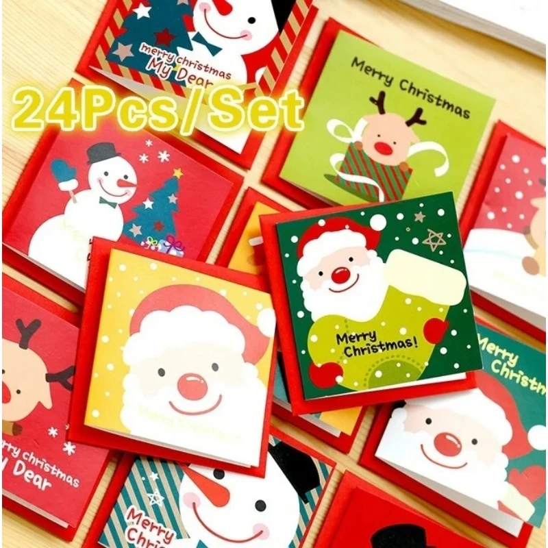 24 Pcs/lot Christmas Greeting Card Kids Mini Christmas Blessing Greeting Cards Envelope New Year Postcard Gift Card Xmas Party