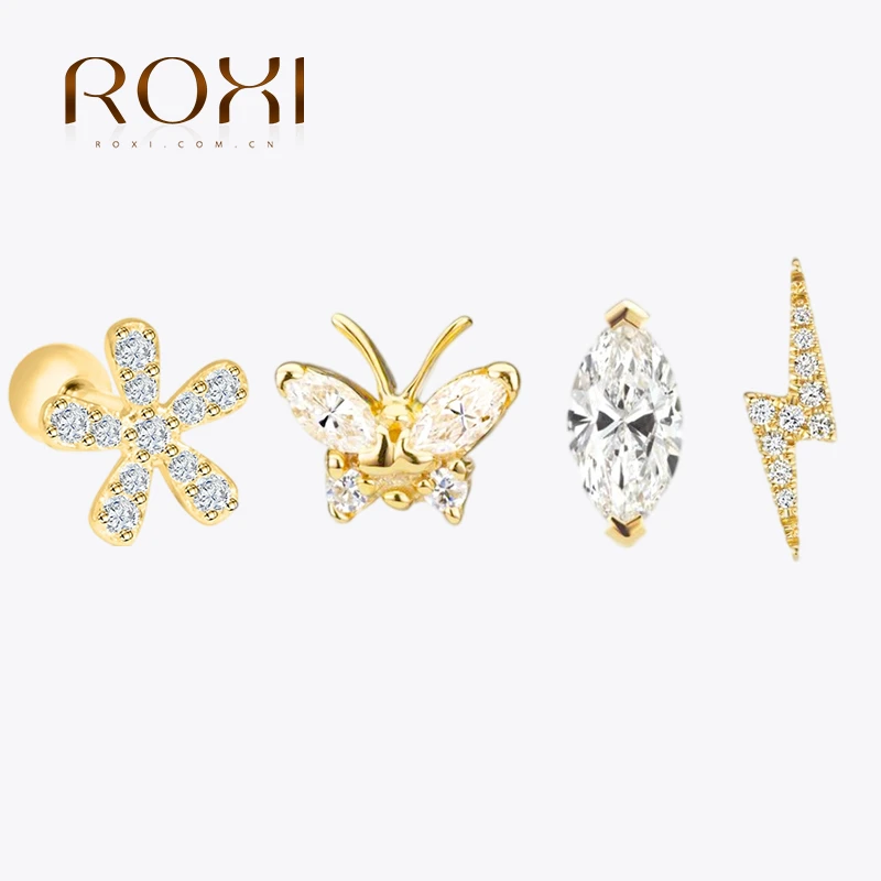 ROXI Flower Lightning Butterfly Cross Symbol Crown Eye Stud Earrings for Women Piercing Earrings Silver 925 Jewelry Pendientes