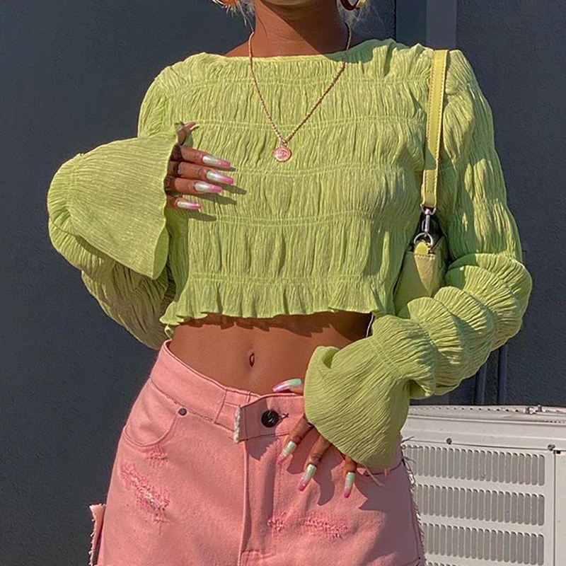 2021 Autumn Women's New Korean Style Pleated Round Neck Long-sleeved Belly Button All-match Crop Top Women Y2k Aesthetic