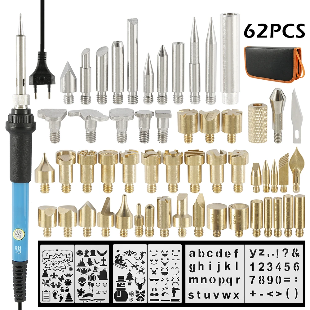 62Pcs Wood Burning Kit 60W Adjustable Temperature Soldering Iron Welding Wood Embossing Burning Set Carving Pyrography Pen