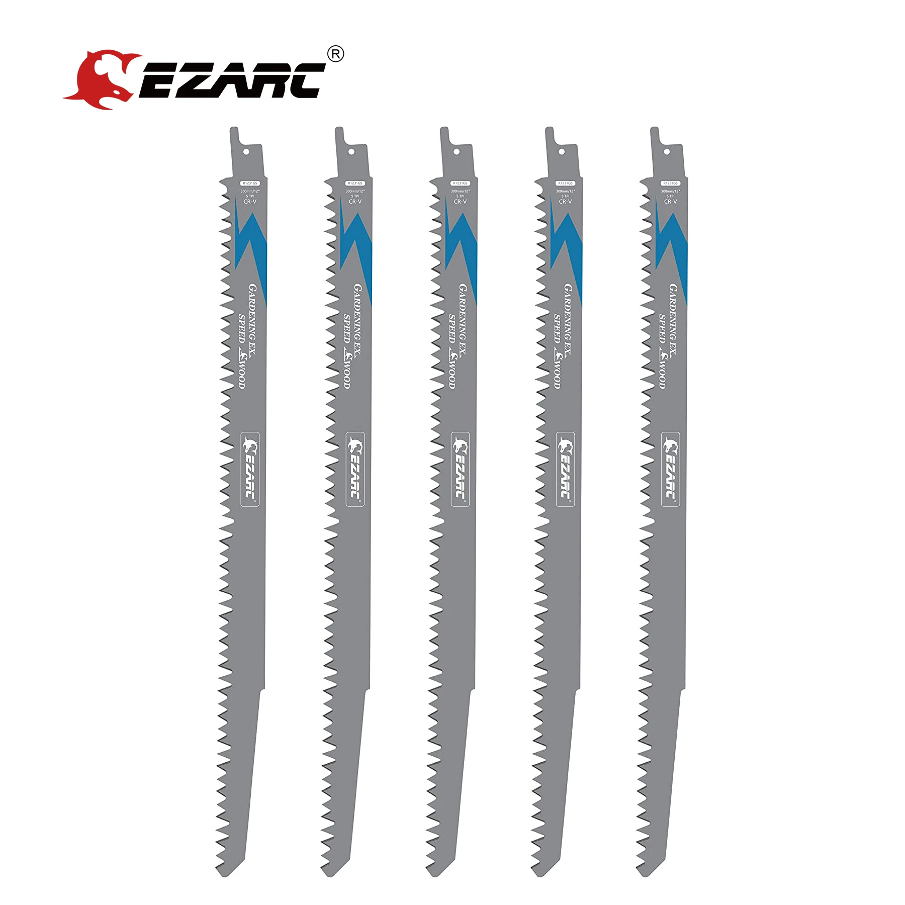 EZARC 5Pcs Wood Pruning Reciprocating Saw Blade Sharp Ground Teeth CRV Long Lifetime Sabre Saw Blades 5TPI (150mm, 225mm, 300mm)