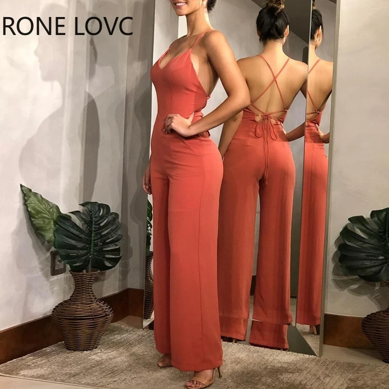 Women Jumpsuits Plain Halter Backless Wide Leg Jumpsuit V Neck Jumpsuit