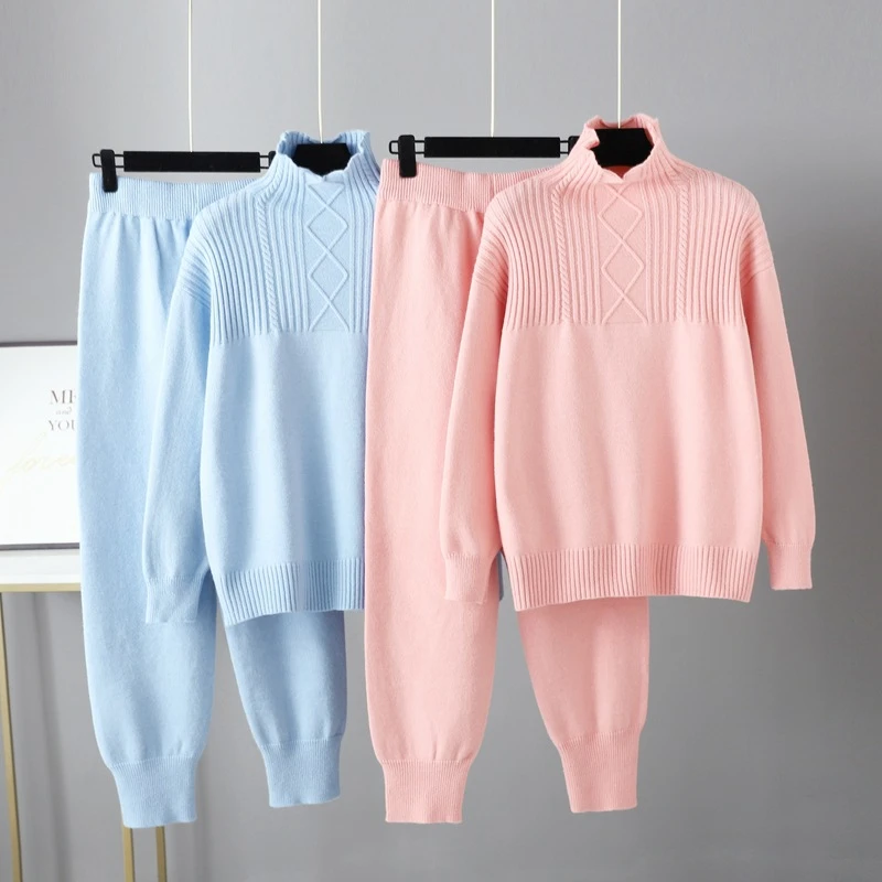 Turtleneck Pullover Sweatshirts Knit Pants Suit Two Piece Sets Women Autumn Winter Warm Knitted Tracksuit Sporting Suit Female