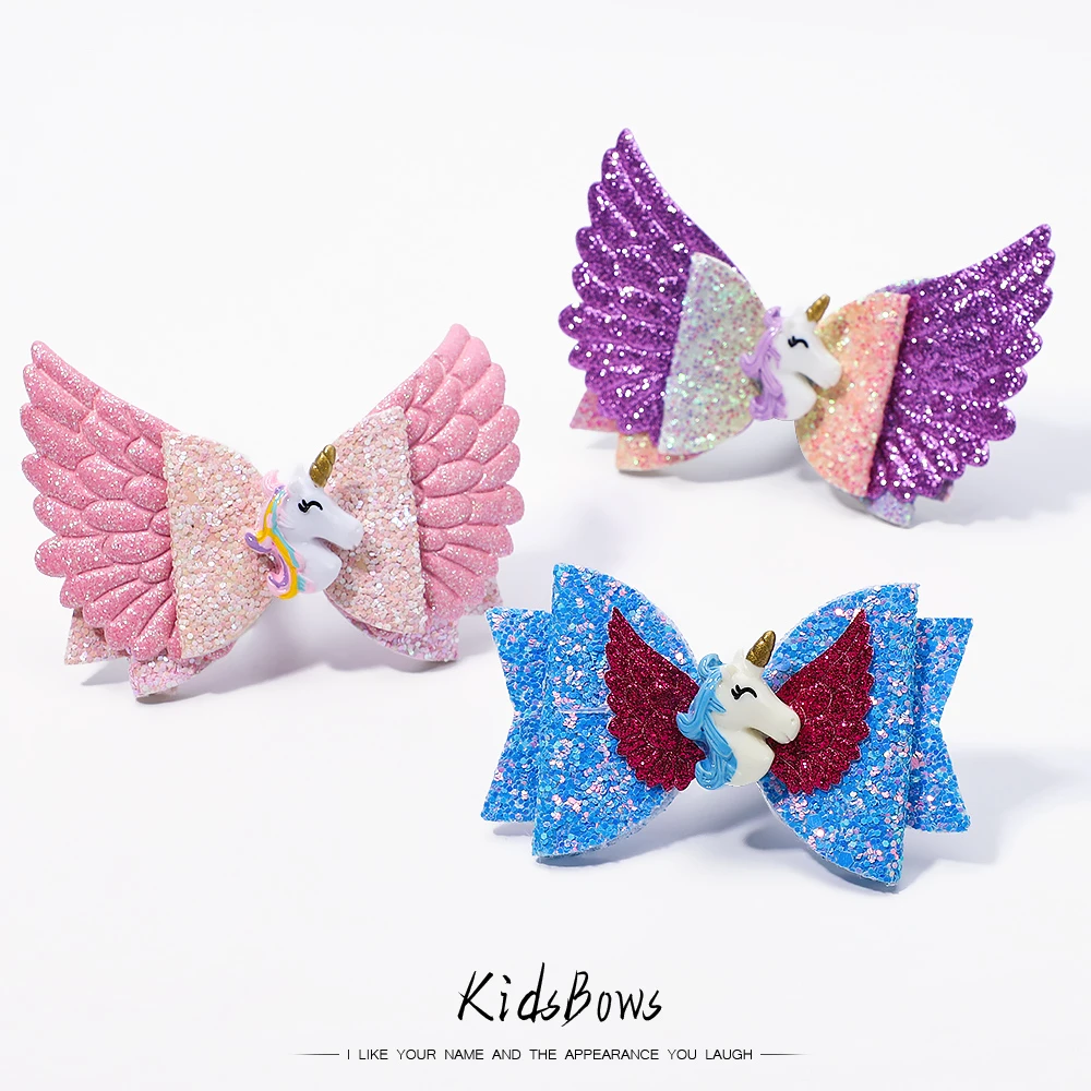 3.5 inch Glitter Angle Wing Hair Bows Unicorn Bows Girls Hairpins Fairy Clips Handmade Chunky Barrettes Party Outfit Headwear