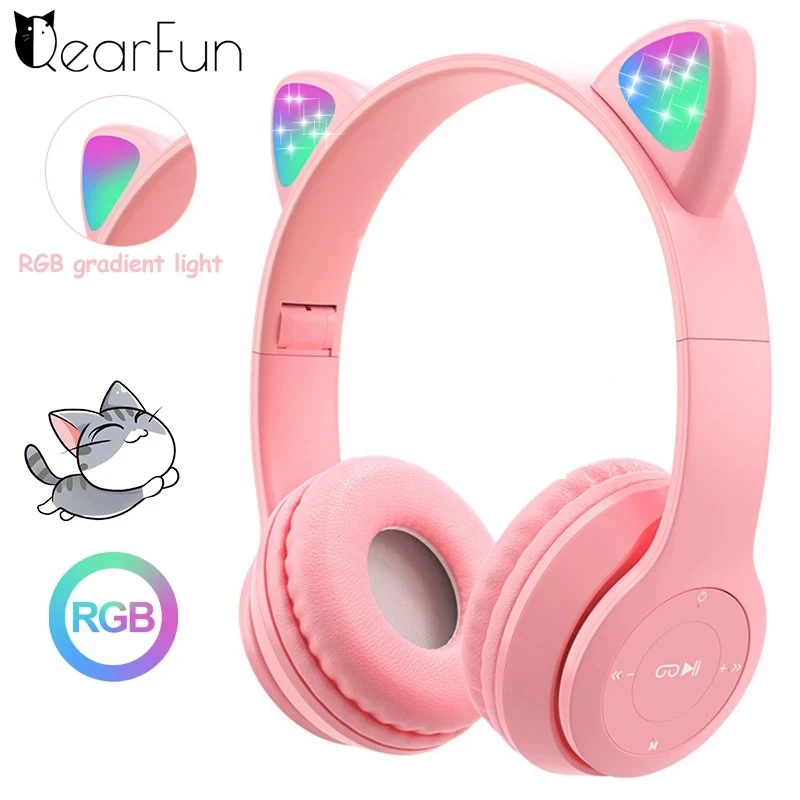 RGB Cute Cat Wireless Children Headphones with Mic, Stereo PC Gamer Headsets for Girls Kids Cell Phone Gaming Earphone Bluetooth