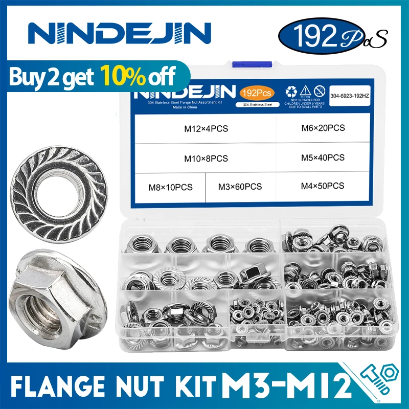 NINDEJIN 192pcs Hexagon Flange Nuts Assortment Kit M3 M4 M5 M6 M8 M10 M12 304 Stainless Steel Metric Flange Nuts Set DIN6923