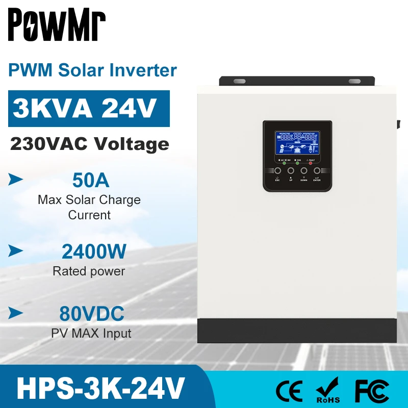 3000VA 2400W Pure Sine Wave Hybrid Solar Inverter 24VDC Input 220VAC Output Build In 50A PWM Solar Charger Controller&AC Charger