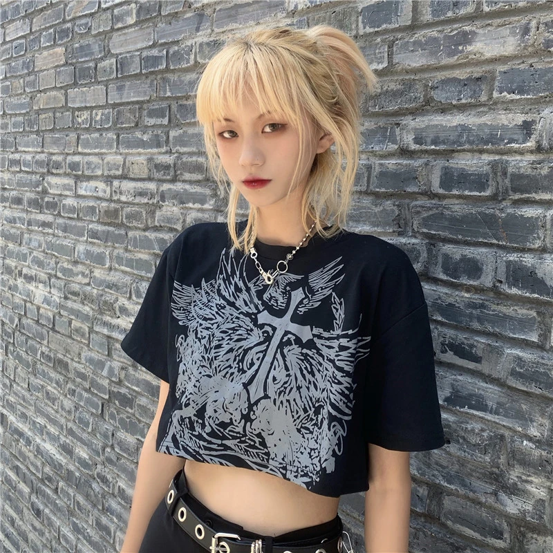 Gothic Style Crop Top Harajuku Graphic T Shirt for Women Ulzzang Korean Tshirt Summer Tee Croptop Goth Clothes Short Sleeve